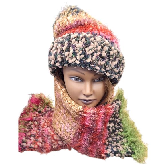 Handmade Crochet Knit Multi-fiber Boho Slouchy Hat & Scarf Wrap main image 5